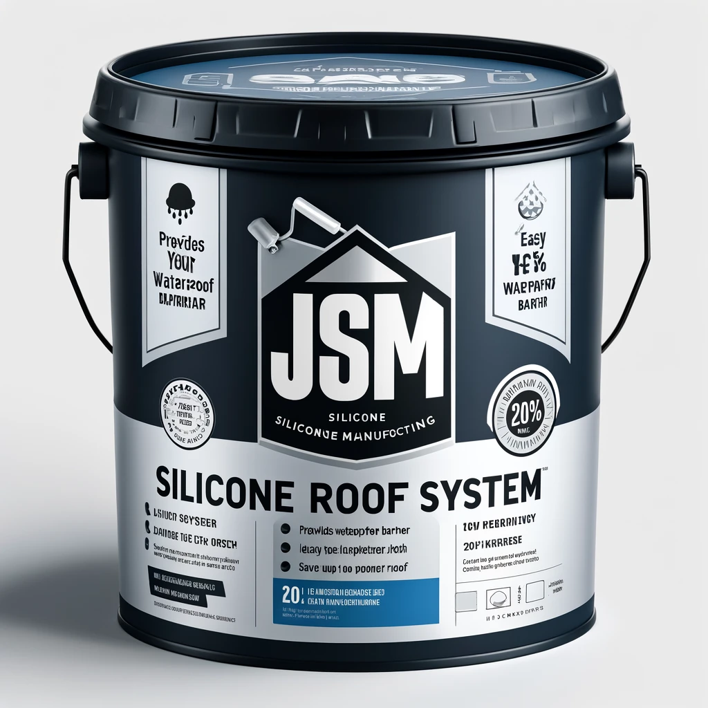 DALL·E 2024-05-24 09.12.09 - A new brand and label design for a silicone roof system bucket. The brand name is 'Jax Silicone Manufacturing'. The label features a dark blue and sil